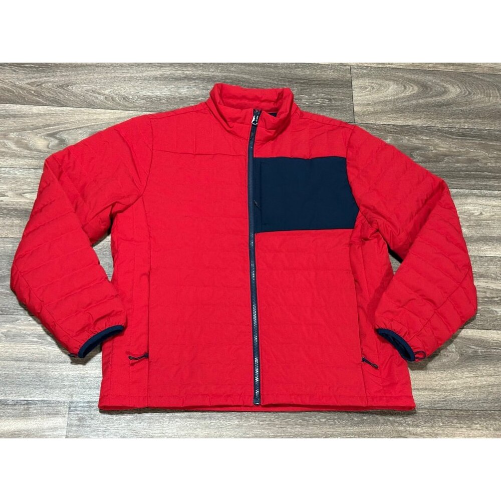 Lands End Red Quilted Puffer Jacket Mens Large Navy Accents Full Zip Lightweight